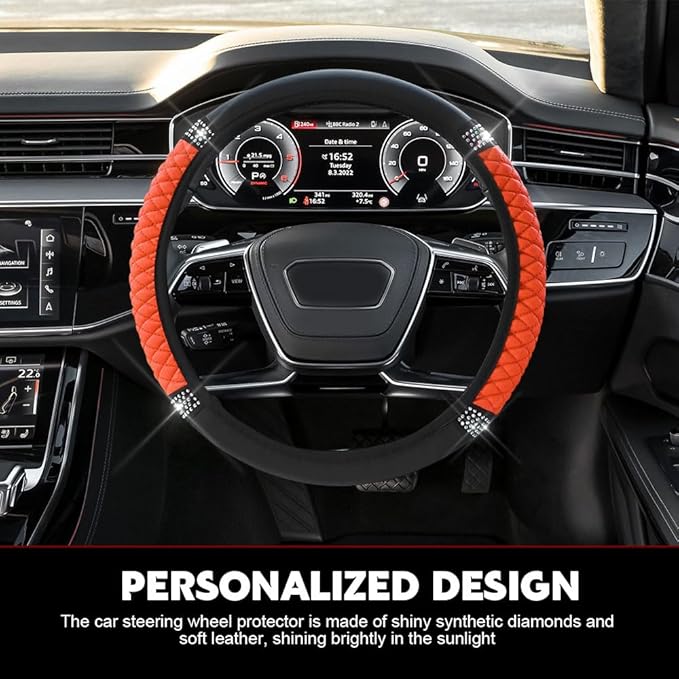 Car Steering Wheel Cover, Steering Wheel Accessories, Breathable Microfiber Leather Auto Wheels Protector, Universal 15 Inch Anti-Slip Protector for SUV Sedan Truck (Bling-Orange)
