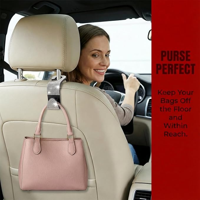 4PCS Bling Car Seat Headrest Hooks, Crystal Rhinestone Vehicle Back Seat Hanger Holder, Auto Interior Headrest Hanging Storage Organizer for Purse Handbag Coat, Universal Fit (White)
