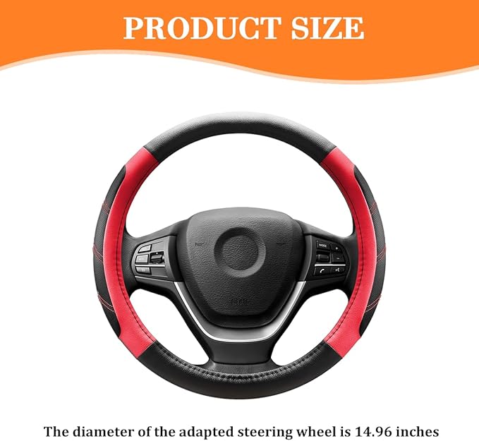 Car Steering Wheel Cover, 14.5-15" Non-Slip Leather Sporty Vehicle Steering Wheel Protector, Breathable Auto Interior Decoration Accessories, Universal for Van Truck Sedan (Black/Red)