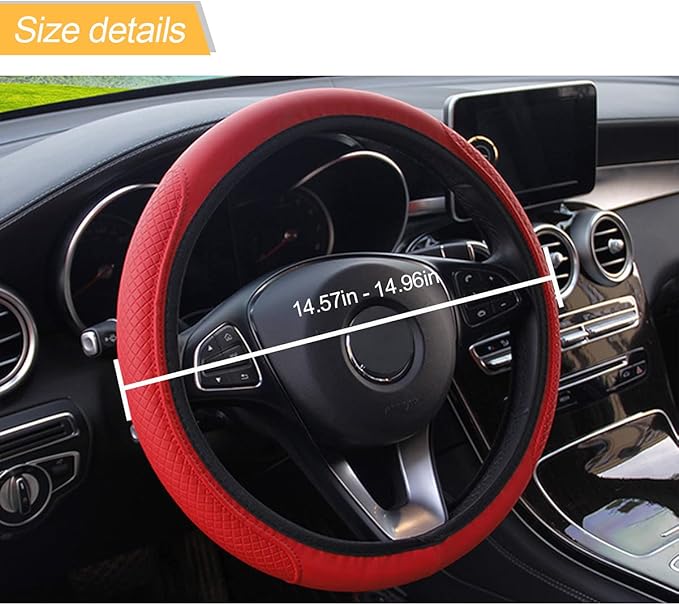 Leather Car Steering Wheel Cover, Elastic, Breathable Anti-Slip, Universal 15 inch, Steering Wheel Cover for Men Women (Red)