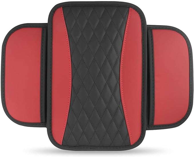 Car Center Console Cover, Upgraded Patchwork Leather Arm Rest Cover with Side Storage Pockets, Comfortable Auto Armrest Protector Cushion, Universal Middle Console Pad for SUV, Sedan (Red)