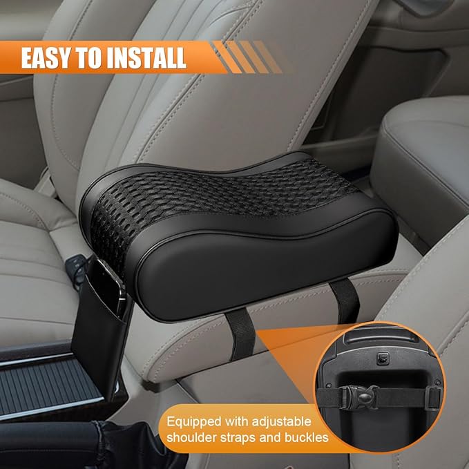 Car Armrest Cushion, Memory Foam Auto Center Console Armrest Pillow Pad with Storage Bag, Breathable Leather Car Middle Console Protective Pad with Phone Holder Relieve Elbow Pressure (Black)