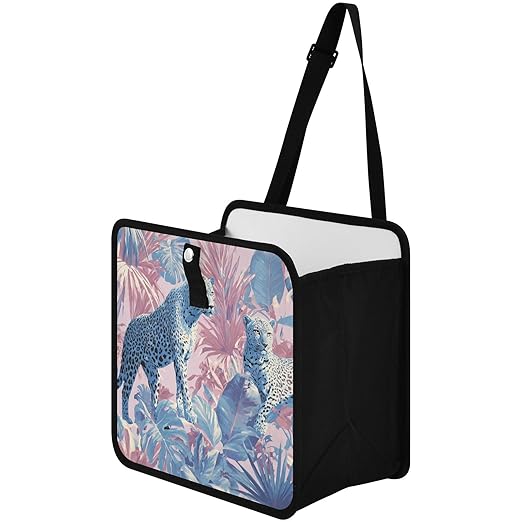 Car Trash Can Organizer Bin with Adjustable Strap for Back Front Seat Console Waterproof Leakproof Collapsible Portable 11 Inch Cute Cheetah and Palm Leaves