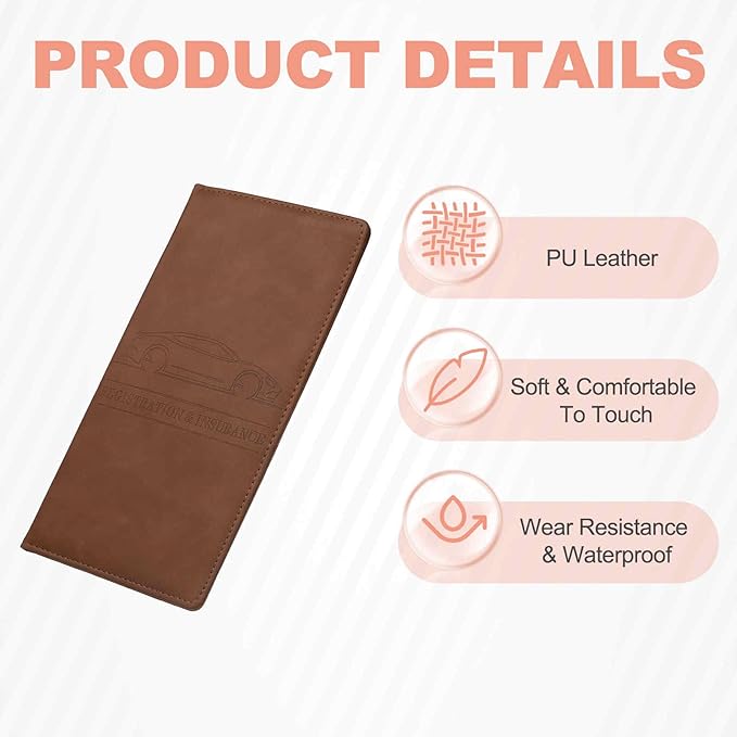 HARFINGTON Car Registration and Insurance Holder 9.65" x 4.92" PU Leather Vehicle Glove Box Organizer Storage Accessories Men Women Car ID Holder for License ID Card Bank Card, Brown
