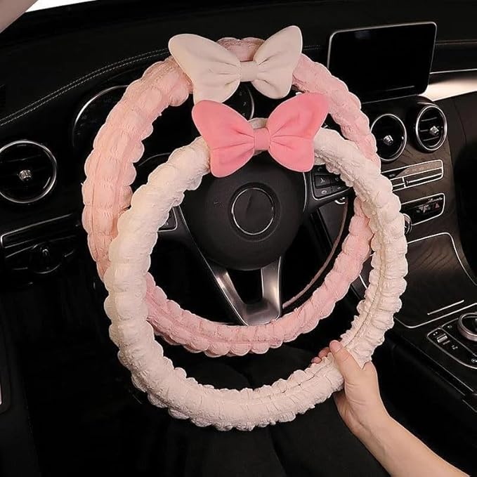 Cute Cartoon Anti-Slip Car Steering Wheel Cover - Puff Bowknot Style for Women & Girls, Universal Fit Auto Handlebar Cover, Fun Car Interior Accessories Gifts for Sister (Pink)