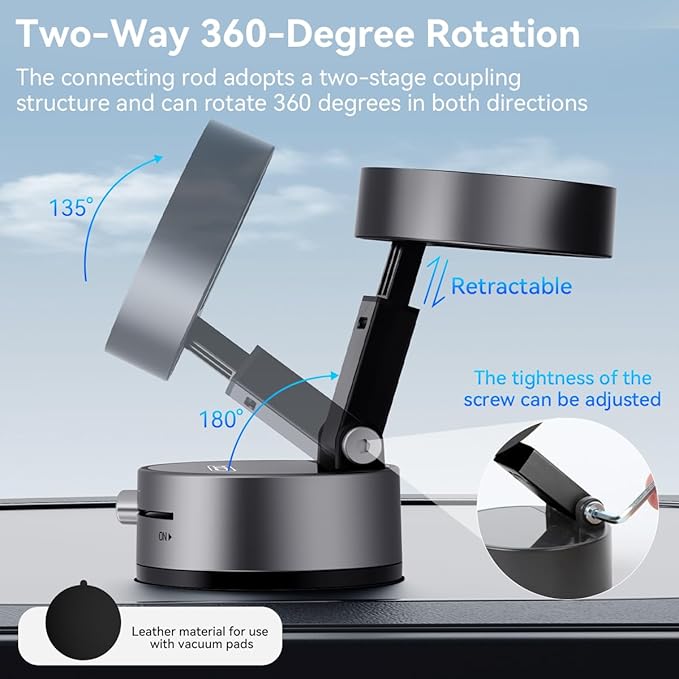2025 Upgrated Vacuum Suction Magnetic Phone Holder, Retractable Strong Suction Cup Magnetic Hands-Free Car Cellphone Mount Foldable Car Phone Stand for Car/Mirror/Gym(Not Charge Phone)