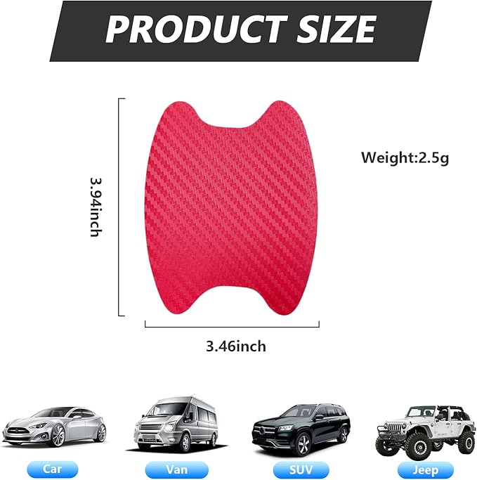 Kewucn 4PCS Car Handle Sticker, Carbon Fiber Auto Door Handle Protective Films, Anti-Scratch Vehicle Cup Protector, Universal Exterior Accessories for Most Cars (Red)