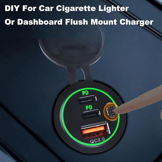 3 Ports 18W USB Car Charger with Switch, 12-24V QC 3.0 USB & Dual PD USB C Cigarette Lighter Socket Outlet, Dashboard Mount Quick Charger for Car Motorcycle Truck Marine Boat, Red Light