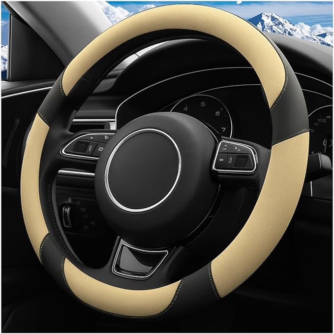 HZEL Car Steering Wheel Cover, 15 Inch PU Leather Breathable Anti-Slip Vehicle Steering Wheel Protecter with Inner Ring, Automotive Interior Accessories, Universal for SUV Sedan Truck (Beige)