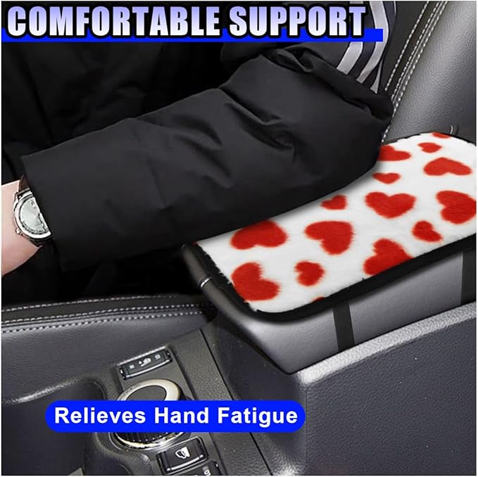 Furry Cow Print Armrest Cover for Car, Soft Plush Center Console Cushion Pad, Car Arm Rest Box Protector for Women Men, Universal Auto Decorative Accessories for Cars Trucks SUVs(Red)