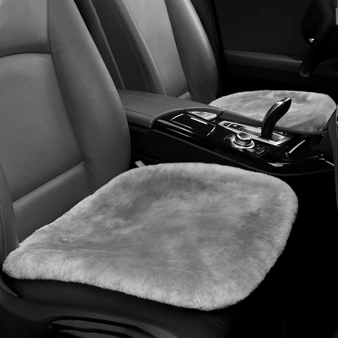 Genuine Sheepskin Auto Seat Pad, Australian Soft Wool Seat Cover Breathable and Sweat-Wicking Universal Fit (Front seat Cushion 2pcs & Rear seat Cushion 1pc, Gray)