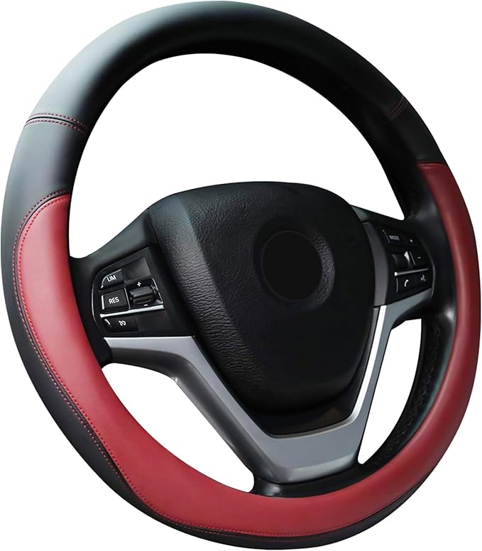 Wine Red Car Steering Wheel Cover, Nappa Leather, Bottom Color Blocking, Universal 14.5-15 Inch Leather Anti-Slip Breathable Auto Steering Wheel Covers for Men Women