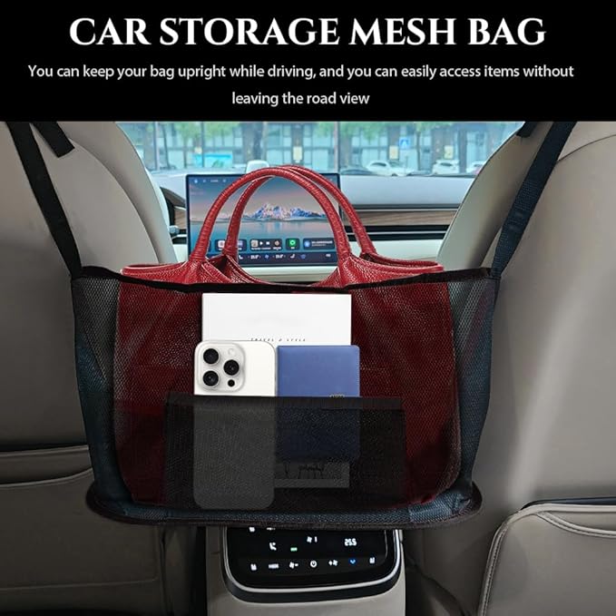 Car Net Pocket Handbag Holder, Purse Holder for Car, Driver Storage Netting Pouch for Handbag Purse, Mesh Vehicle Storage Organizer Between Front Seats Universal for SUV Truck RV (Black)
