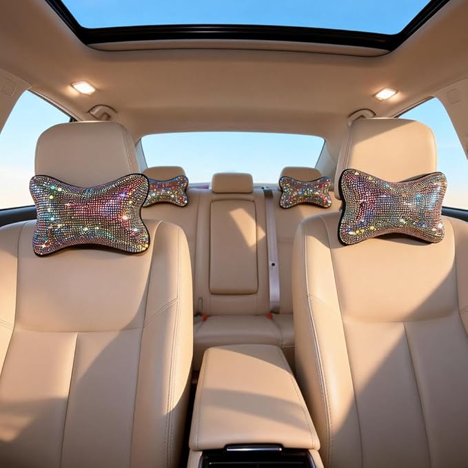 2 Pcs Colorful Bling Car Neck Pillow for Car Seat Driver, Auto Seat Headrest Cushion Driving Relax Neck Support Crystal Rhinestone Diamond Rainbow Bling Accessories for Woman