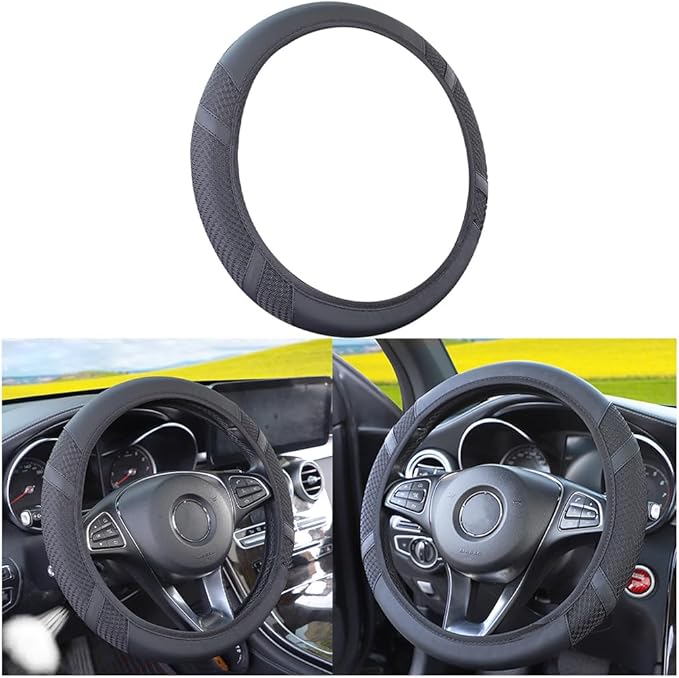 Zipelo Elastic Stretch Car Steering Wheel Cover, Leather Breathable Vehicle Steer Wheel Protective Guard, Anti-Slip Automotive Steer Wheel Protector Accessories, Universal for Most Cars (Black)