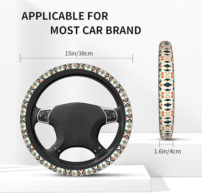 Aztec Steering Wheel Cover with 2 Car Coasters Non Slip Neoprene for Women Men Universal 15 Inch