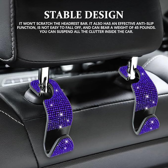 2PCS Car Seat Hooks, Purse Hook for Car, Crystal Rhinestone Vehicle Backseat Purse Holder, Auto Accessories Diamond Auto Seatback Storage Organizer Hanger for Handbag Clothes Purse (Blue)