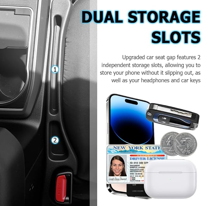 2PCS Car Seat Gap Filler Organizer,2026 Upgraded Car Seat Gap Plug with Storage Slot & Seats Belt Holes as Phone Holder,Universal No Drop Seats Guard for Cars Interior Accessories