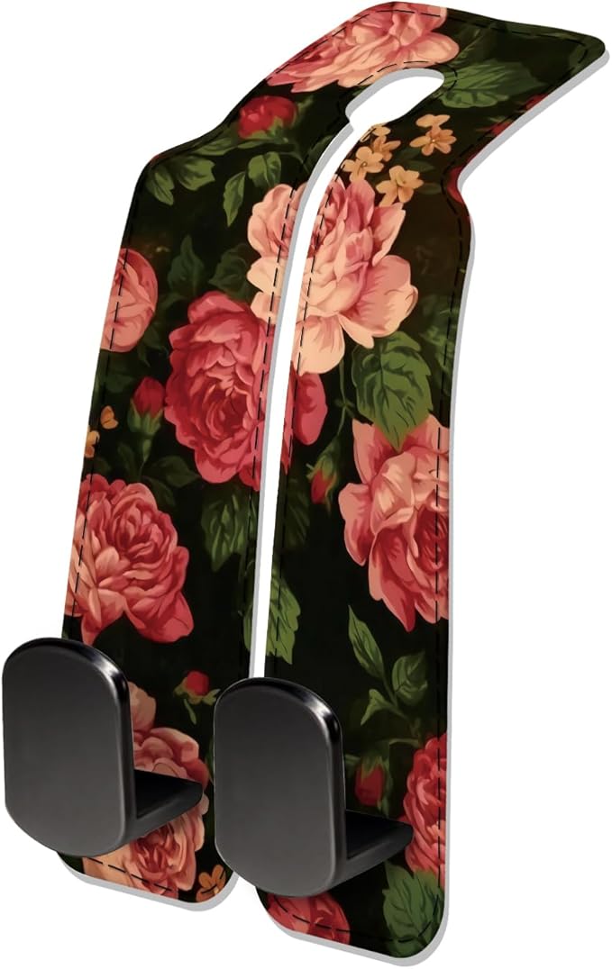 NUGGHU Car Seat Headrest Hook, Universal Leather Cute Hanger Holder Hook, Storage Organizer Interior Accessories for Purse Bags Handbag Cute Red Flowers