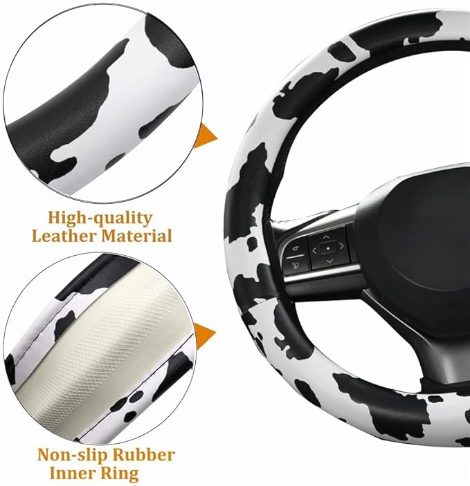 Cow Print Steering Wheel Cover, Universal 15 inch Breathable Microfiber Leather Car Steering Wheel Cover for Women Men, Anti-Slip, Black&White