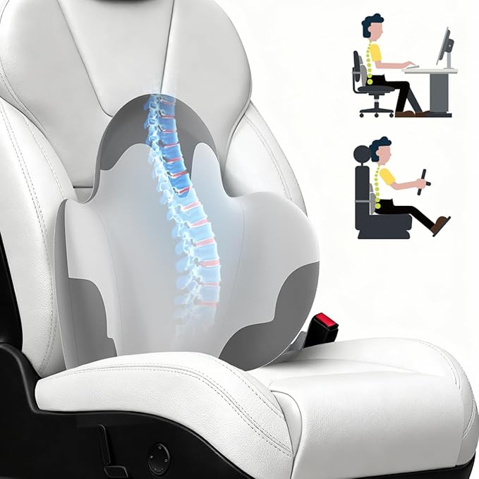 Lumbar Support Pillow for Office Chair, Car Back Support with Memory Foam, Support for Lower Back Pain Relief Lumbar Pillows, Ergonomic Back Cushion for Desk Chair, Sofa, Bed, Car Seat (Grey/White)