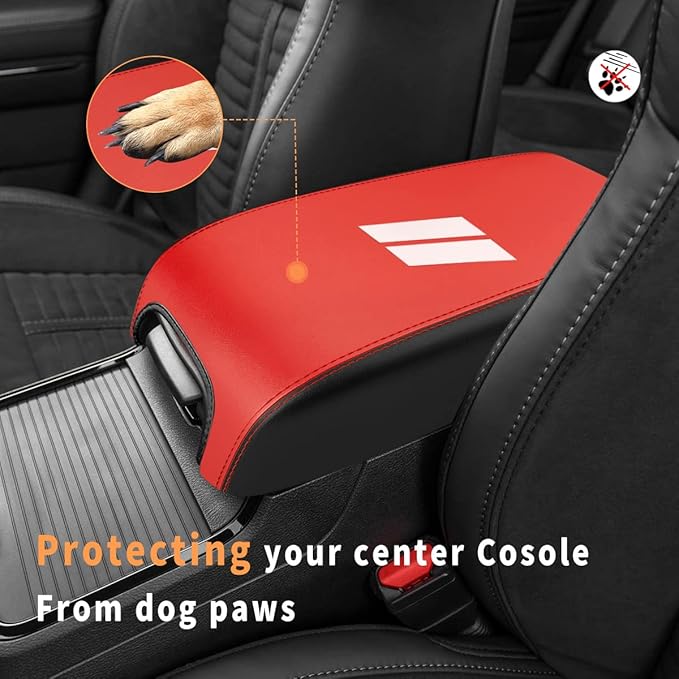 INTGET Center Console Cover for Dodge Charger Accessories 2011-2020 2021 2022 2023 for Chrysler 300 2015-2022 Leather Armrest Cover Console Lid Protector Cushion Pad (Black with Red, Leather)