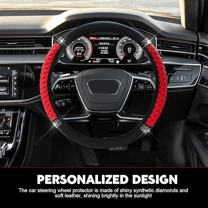 Car Steering Wheel Cover, Steering Wheel Accessories, Breathable Microfiber Leather Auto Wheels Protector, Universal 15 Inch Anti-Slip Protector for SUV Sedan Truck (Bling-Red)