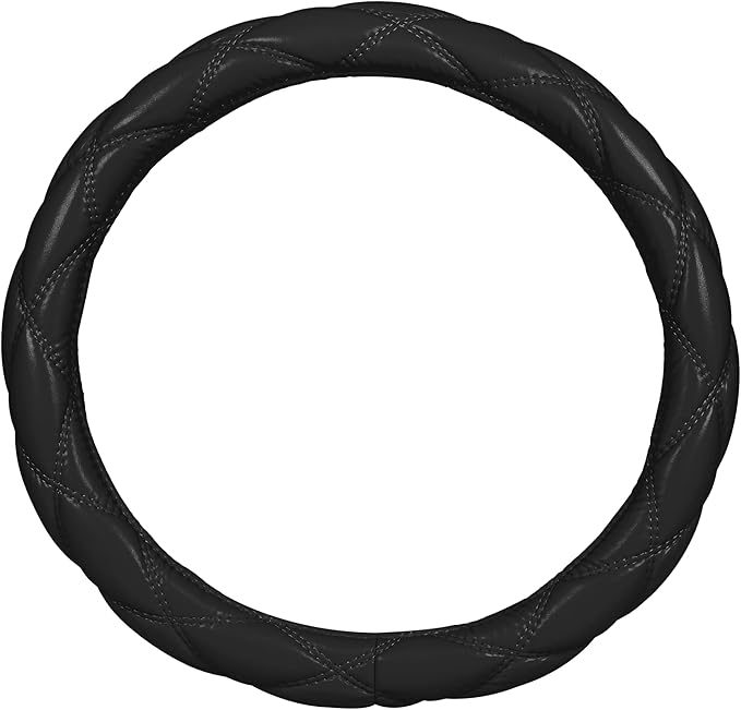Carbella Black Stitched Leather Steering Wheel Cover for Women, Standard 15 Inch Size Fits Most Vehicles, Cute Faux Car Steering Cover with Diamond Double-Stitch Detail, Car Accessories for Women