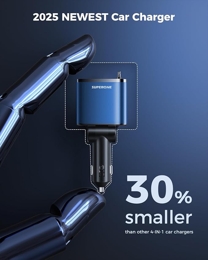 [2024 Upgraded] 4 in 1 Retractable Car Charger, SUPERONE Smaller Fast Car Phone Charger 69W with Cord, USB C and iPhone Car Charger Adapter, Compatible iPhone 17/17 Pro Max/16/15/14/13, Sumsung