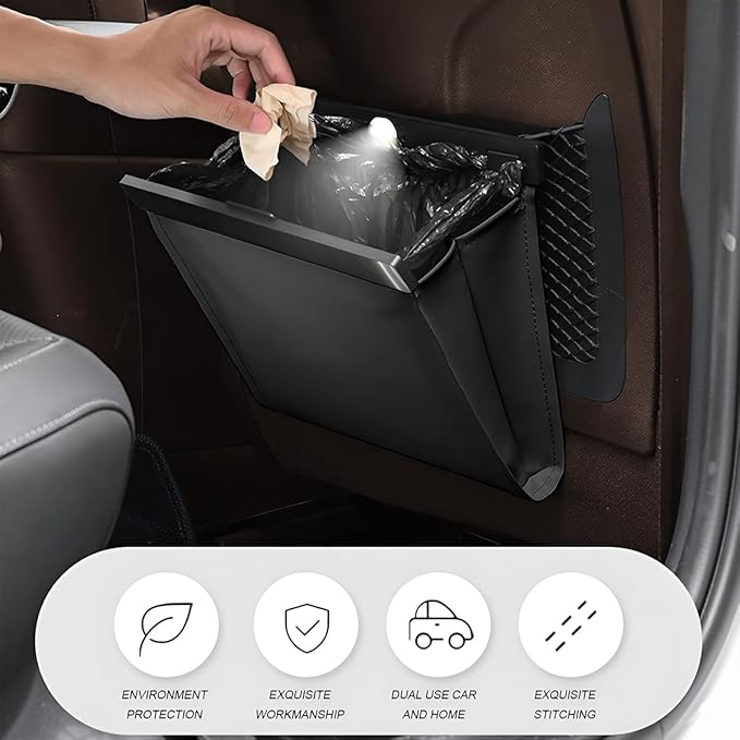 Car Trash Can, Smart LED Magnetic Hanging Leather Vehicle Backseat Garbage Bag Storage Pocket, Multifunctional Portable Auto Rubbish Container, Universal for Truck SUV Sedan (Black)