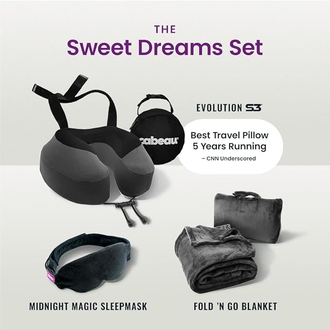 Cabeau Airplane Travel Pillow for Long Flights - Evolution S3 - Supportive Memory Foam with Seat Straps to Secure Your Head and Neck and Provides 360° Support (Steel Grey)