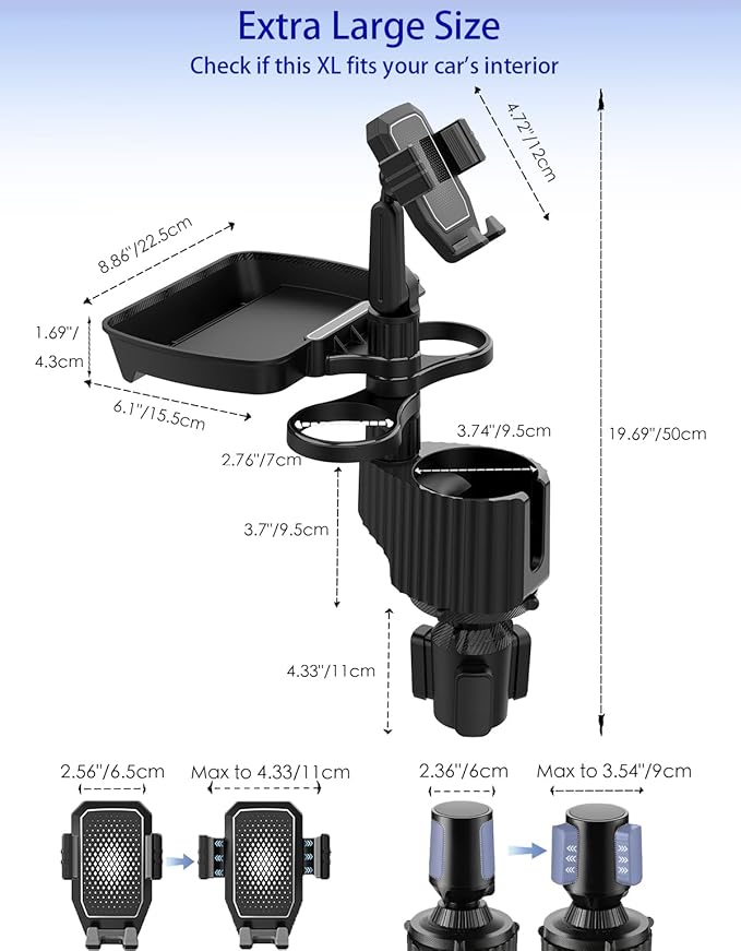 Car Cup Holder Tray - 5 in 1 Adjustable Car Cup Holder Expander with Food Tray Table and Phone Mount for All Purpose, Automotive Essentials for Driver and Front Passenger