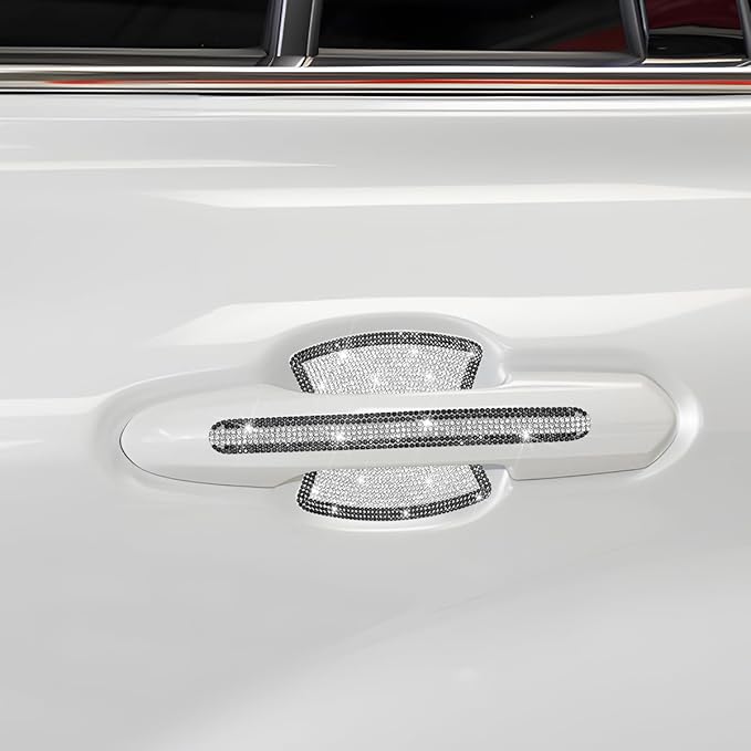 8PCS Bling Car Door Handle Protector, Crystal Rhinestone Anti-Scratch Vehicle Door Handle Bowl Stickers, Glitter Automotive Exterior Decal Accessories, Universal for Vehicles (Black/White)