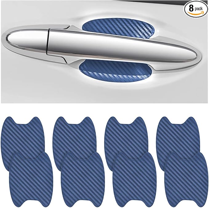 8PCS Car Door Handle Sticker, Carbon Fiber Anti-Scratches Car Door Cup Protector, Non-Marking Auto Door Handle Protective Film, Self-Adhesive Door Side Paint Protector for All Cars (Blue/8PCS)