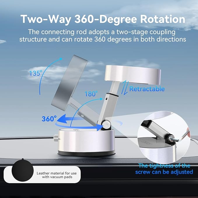 2025 Upgrated Vacuum Suction Magnetic Phone Holder, Retractable Strong Suction Cup Magnetic Hands-Free Car Cellphone Mount Foldable Car Phone Stand for Car/Mirror/Gym(Not Charge Phone)