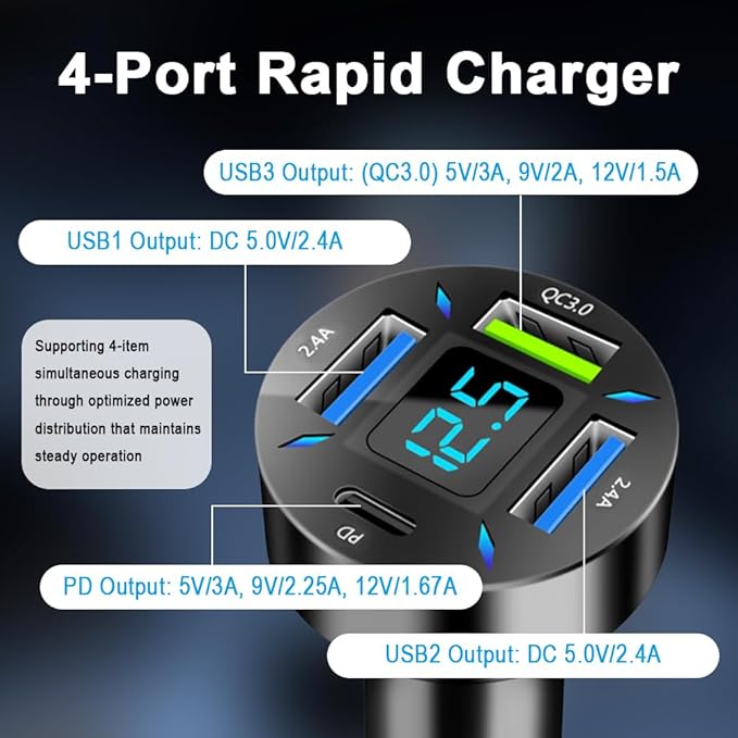 4 in 1 Cigarette Lighter USB Charger with Voltage Display,50W Car Charger USB C Fast Charge for 12-24V Cars,Multi Port Cars Cigarette Lighter Adapter Compatible with iPhone Car Accessories