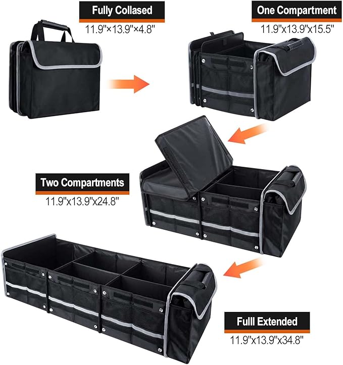 Car Trunk Organizer with Insulated Cooler Bag, Foldable & Waterproof Storage Organizer with Lid for SUV, Truck, Sedan - 4 Large Adjustable Compartments, Heavy Duty & Collapsible Design