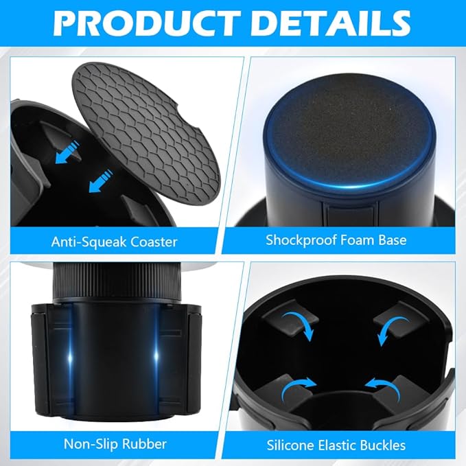 2-in-1 Car Cup Holder Expander, Adjustable Car Extender Adapter with Non-Slip Base - No Spill Cup Holder Extender with 4 Hooks for Yeti, Hydro Flask, Stanley Large Tumblers (10-48oz)