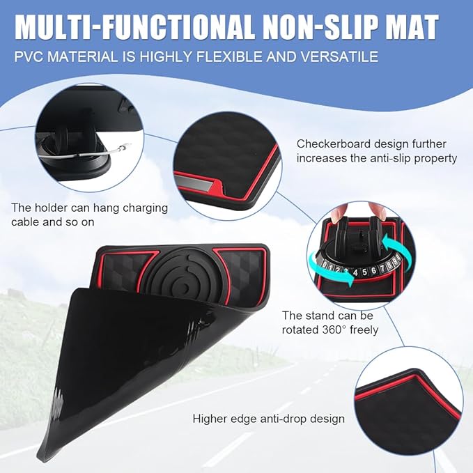 NHHEO Car Anti Slip Mat Dashboard Tray Decorations Sticky Pad 4 in 1 Multi Functional with 360° Rotating Universal Phone Pad Holder+Number Plate, Washable Car Dash Mat(Black&Red)