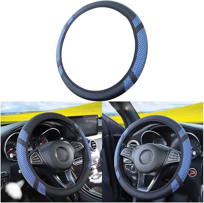 Zipelo Elastic Stretch Car Steering Wheel Cover, Leather Breathable Vehicle Steer Wheel Protective Guard, Anti-Slip Automotive Steer Wheel Protector Accessories, Universal for Most Cars (Blue)