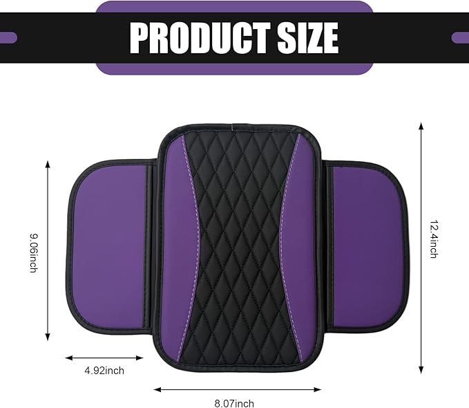 Car Center Console Cover, Upgraded Patchwork Leather Arm Rest Cover with Side Storage Pockets, Comfortable Auto Armrest Protector Cushion, Universal Middle Console Pad for SUV, Sedan (Purple)