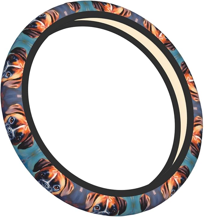 Animal Boxer Dog Portrait Neoprene Steering Wheel Covers Women Men Car Accessories, Universal 15 Inch Fit Auto, Suvs, Truck