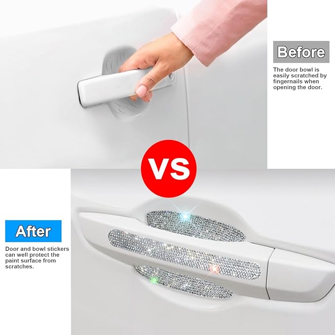 Mandark 8PCS Bling Car Door Handle Protector, Crystal Rhinestone Vehicle Door Bowl Protective Sticker, Glitter Anti-Scratch Auto Decor Decals Accessories, Universal for SUV, Sedan, Truck (White)