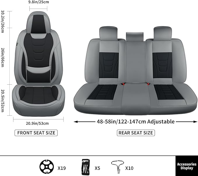 Gripure Car Seat Covers for Full Set – Waterproof & Breathable Faux Nappa Leather, 360° Wrap Design, Airbag Compatible, Lumbar Support, Great for Drivers Who Need Driving Comfort,Gray and Black