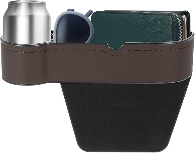 HARFINGTON Car Seat Gap Filler Organizer 10.6 x 7.1 x 2.8 Inch ABS+Leather Universal Car Organizer Storage Box Between Seat and Console (Left) with Cup Holders for Phone Keys, Brown