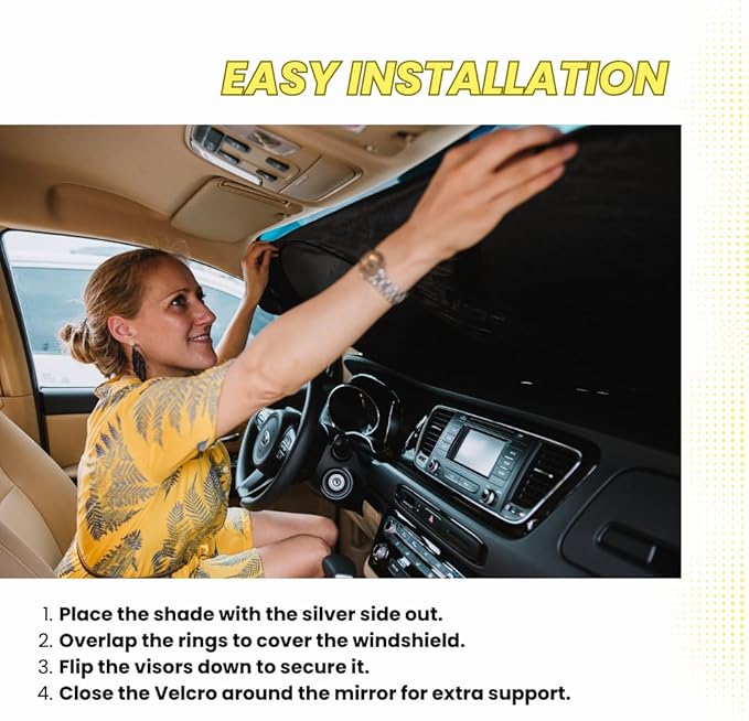 Kinder Fluff Windshield Sunshade | Reflective Patented Car Sun Protection - Certified 99% UVR Block - Cool Interior | Foldable Sun Visor Cover | Automotive Accessories for Summer Heat |Size L+ 64"x36"