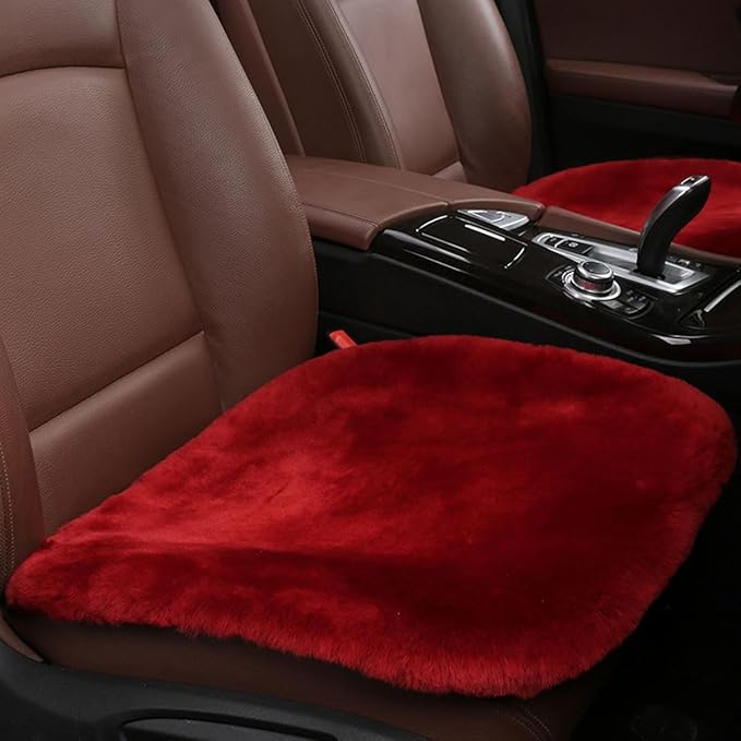 Sheepskin Car Seat Cushion, Soft Comfort Winter Driver Seat Cover, Fluffy Faux Fur Front Seat Pad, Car Seat Protector Pad for Office Chair, Universal Interior Accessory for Car SUV Truck (Wine Red)