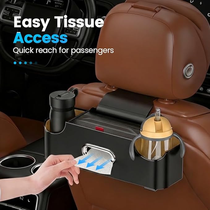 Car Backseat Organizer 3-in-1 Multifunctional Car Back Seat Storage Box with Drink Cup Holder Tissue Box Trash Bin & Hooks, Back Seat Car Organizer for Hold Phones,Drinks, and Handbags (Orange)