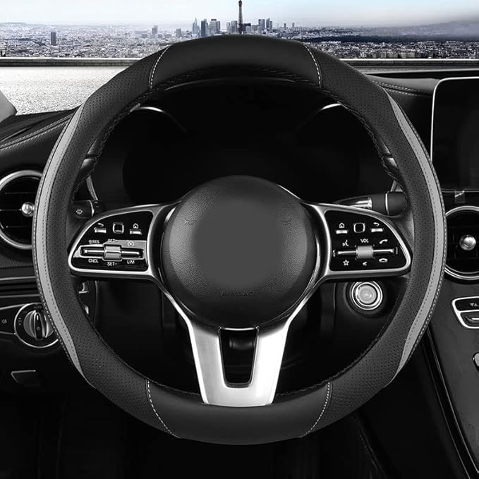 Car Steering Wheel Cover, Leather Steering Wheel Cover Grey Universal 14.5-15 Inch Microfiber Leather Anti-Slip Breathable Auto Steering Wheel Covers for Men Women (Black&Grey)