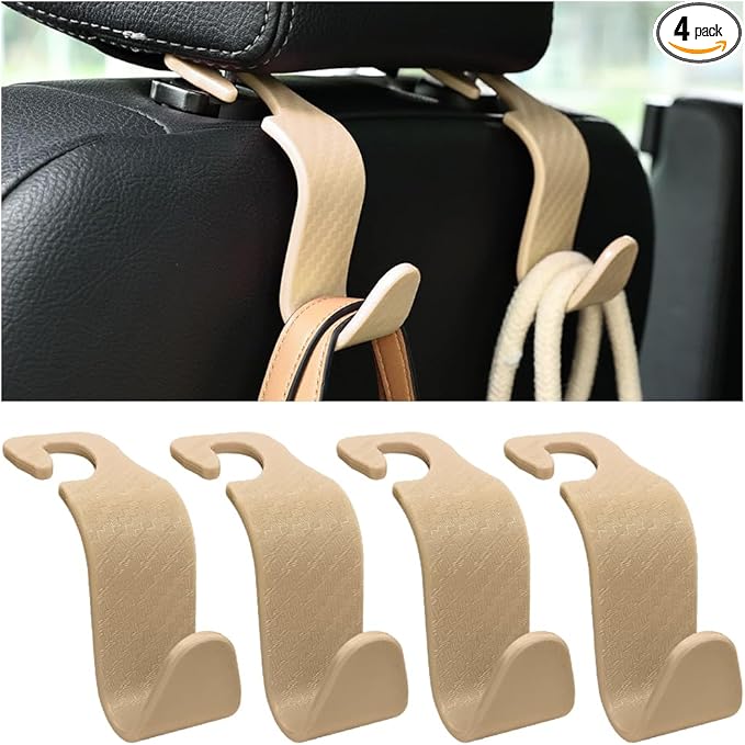Hanemia 4PCS Car Seat Headrest Hooks, Auto Back Seat Hanger Holder, Durable Stylish Vehicle Organizer Universal Car Interior Accessories, Storage Hooks for Purses, Bags, Clothes (Carbon Fiber/Beige)